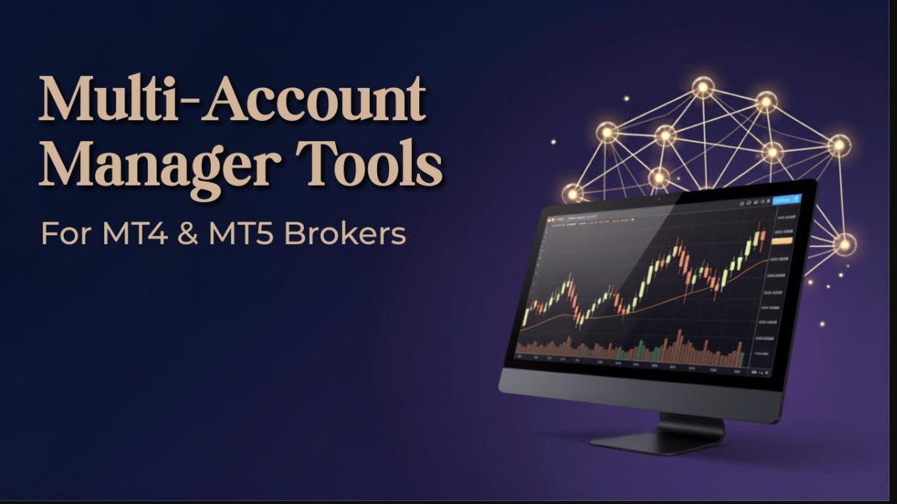 Broker manager terminal dashboard with multi-account network graphic and trading chart
