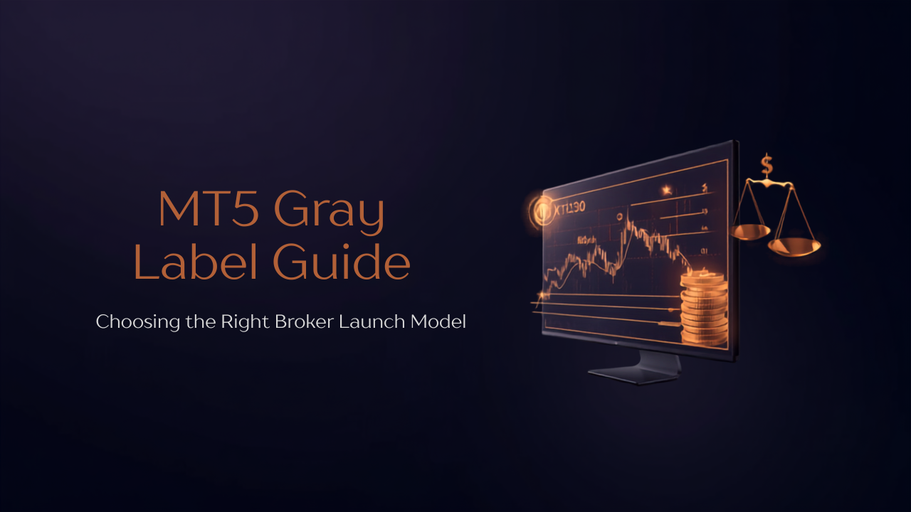 Dark navy and gold dashboard graphic illustrating MT5 Grey Label broker decision guide
