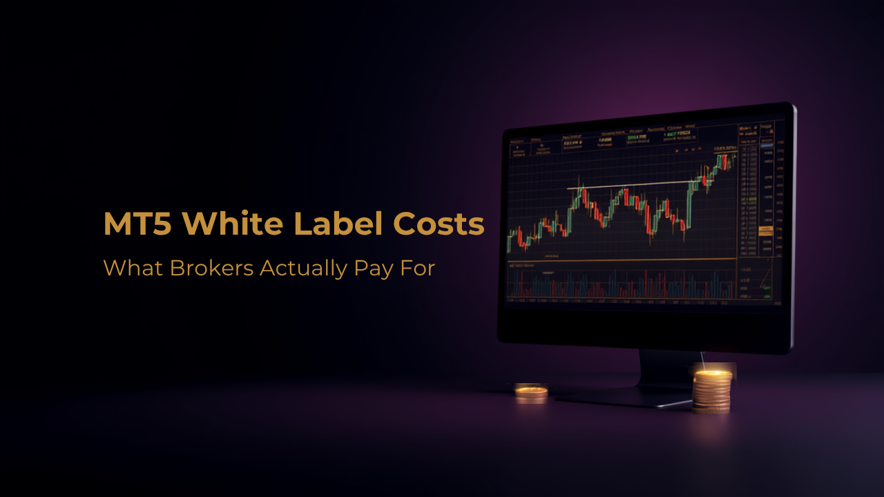 Dark navy and gold dashboard graphic illustrating MT5 White Label setup costs for forex brokers
