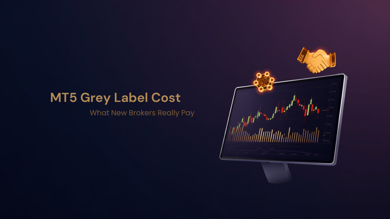 Dark navy and gold dashboard graphic illustrating MT5 Grey Label launch costs for forex brokers
