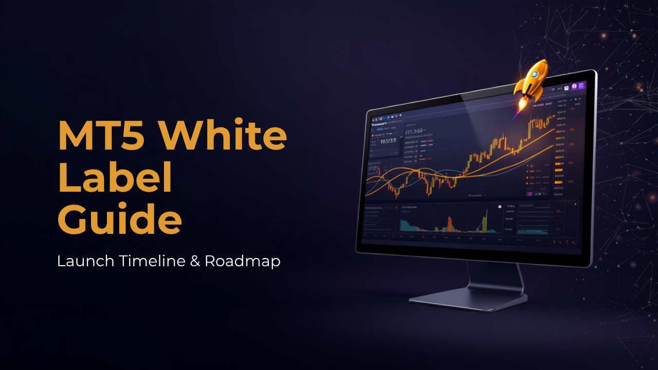 MT5 White Label launch timeline dashboard illustration with gold rocket icon