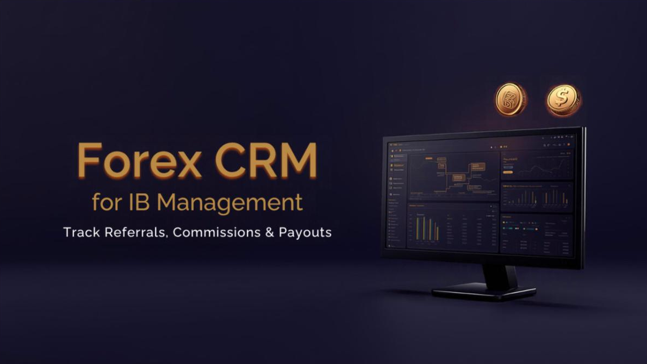 Forex CRM dashboard for IB management with gold coins on a dark navy background